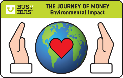 The Journey of Money. Environmental Impact. A globe with a red love heart on top of it with two large hands embracing the globe to show the  positive impact on the environment. 